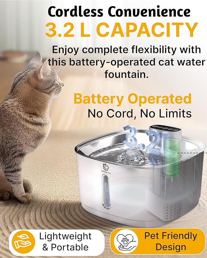 Wireless Cat Water Fountain, 3.2L/108oz Battery Operated Pet Fountain Stainless Steel, Automatic Cat Drinking Fountain Cordless & Rechargeable with Motion Sensor, 2 Filters and 1 mat
