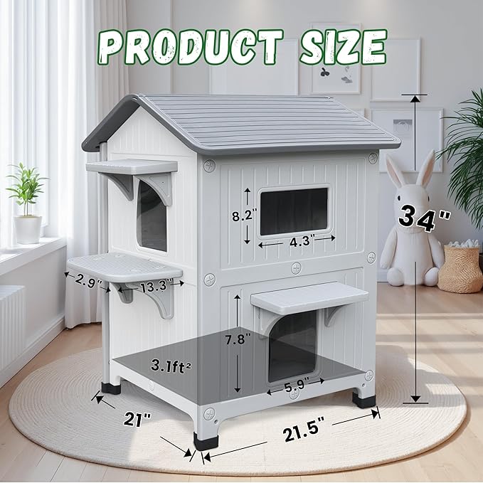 Plastic 2 Story Outdoor Cat House with Escape Door, Waterproof Cat House for Feral Cats for Outdoor Indoor Use, Sturdy Cat Houses for Outdoor Cats, Clean & Assemble Easily(White)