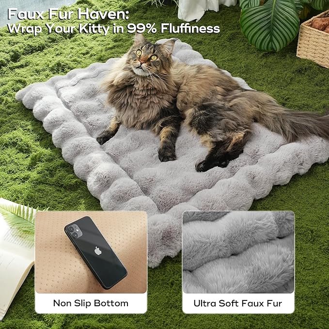 Dog Beds Mat Cute Cat Beds for Indoor Cats Faux Fur Pet Pad with Non-Slip Bottom Plush Kitten Bed for Carriers/Sofa Puppy Washable 35 x 27 Inch Large Grey