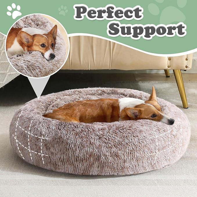 JOLLYVOGUE Dog & Cat Bed, Calming Anti-Anxiety Pet Bed for Small Dogs, Fluffy Donut Cushion for Small and Medium Pets (23")
