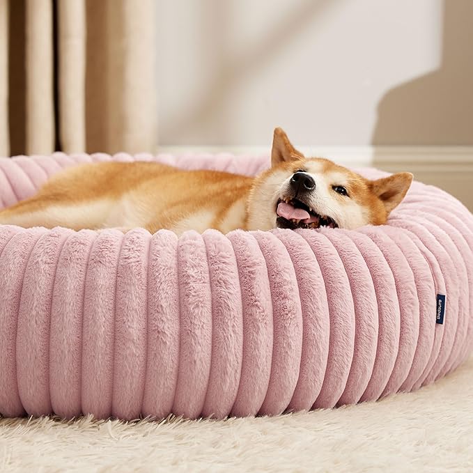 Bedsure Donut Large Dog Bed - Washable Faux Fur with Corduroy Fleece & Anti Slip Bottom, Round Pet Bed with Removable Cover, Blush Pink, 36x36x10 inches