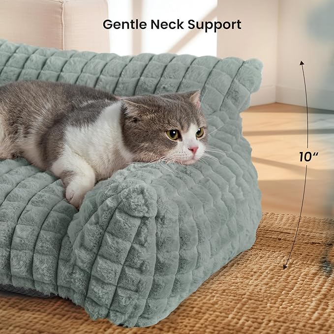 Cute Small & Medium Dog Couch Bed – Supportive & Fluffy Pet Sofa with Faux Rabbit Fur Washable Cover in 3D Diamond Pattern, 36" Grey