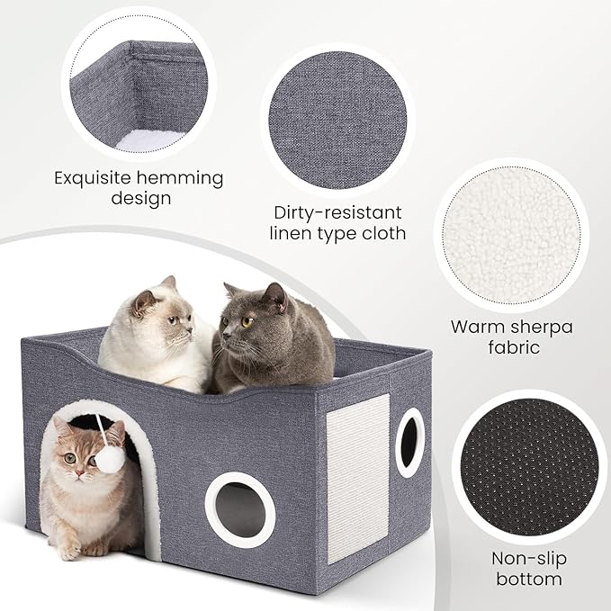 Heeyoo Cat House for Indoor Cats - Large Cat Bed Cave with Fluffy Ball and Scratch Pad, Foldable Cat Houses & Condos, Cat Cubes, Cat Hideaway, Covered Cat Bed for Multi Small Pet Large Kitty