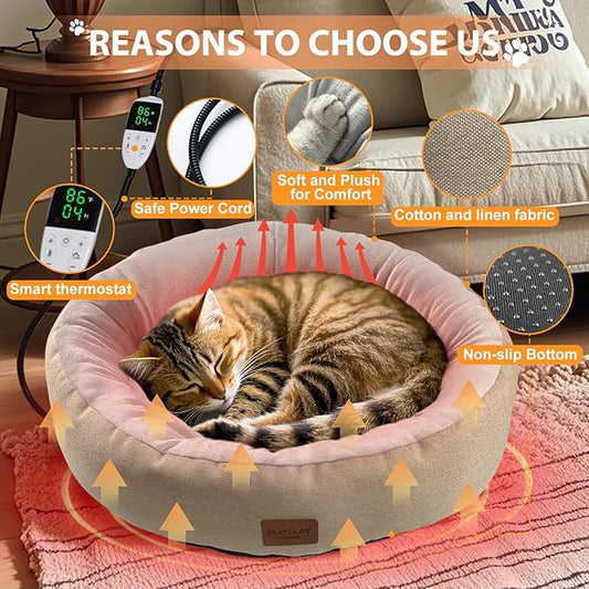CLAYCLAY Heated Cat Bed for Indoor Cats - 20" Cozy Washable With Timer & Temperature Adjustable, Non-Slip Bottom, Removable, Pet Heating Pad With Waterproof