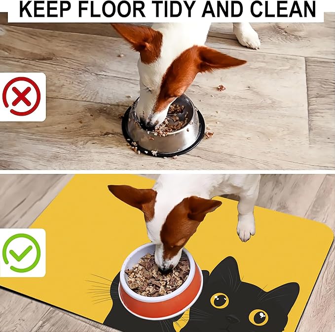 Cute Black Cat Peeking Dog Cat Food Mat-Absorbent Placemat for Food and Water Bowl, Waterproof Non Slip Rubber Backing Dog Food Mats for Floors, Pet Supplies 16 * 24 inch