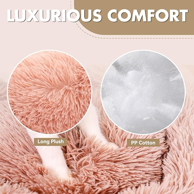 Athena Collection Washable Dog Bed Medium Size Dog, Cat Bed for Indoor Cats, 31 Inches Fluffy Faux Fur Round Pet Bed Calming Cozy Soft Warming Donut for Medium Puppy Kitten, Pink