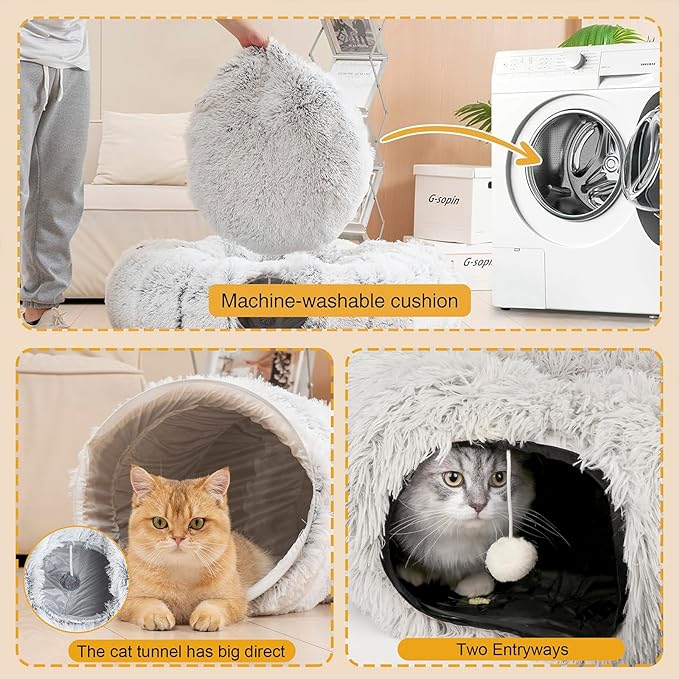 CLKHOWL Cat Tunnel Bed for Indoor Cats - Cute Cat Donut Tunnel with Washable Circle Cushion, Round Pet Play Toy for Kitten/Puppy/Rabbit, Grey