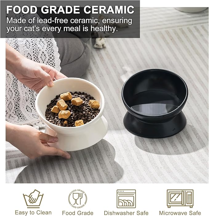 YauYik Cat Bowls Anti Vomiting, Raised Cat Food Bowls, Tilted Elevated Cat Bowl, 10 Oz Ceramic Pet Food Bowl for Flat Faced & Short Leg Cats, Small Dogs, Dishwasher Safe (Black, 2 Pack)