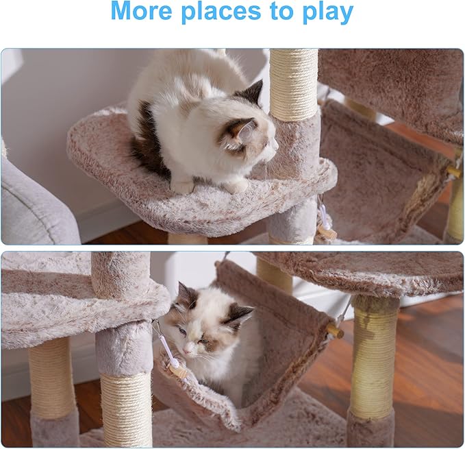 Hey-brother Large Multi-Level Cat Tree Condo Furniture with Sisal-Covered Scratching Posts, 2 Bigger Plush Condos, Perch Hammock for Kittens, Cats and Pets, Muchroom MPJ020MU