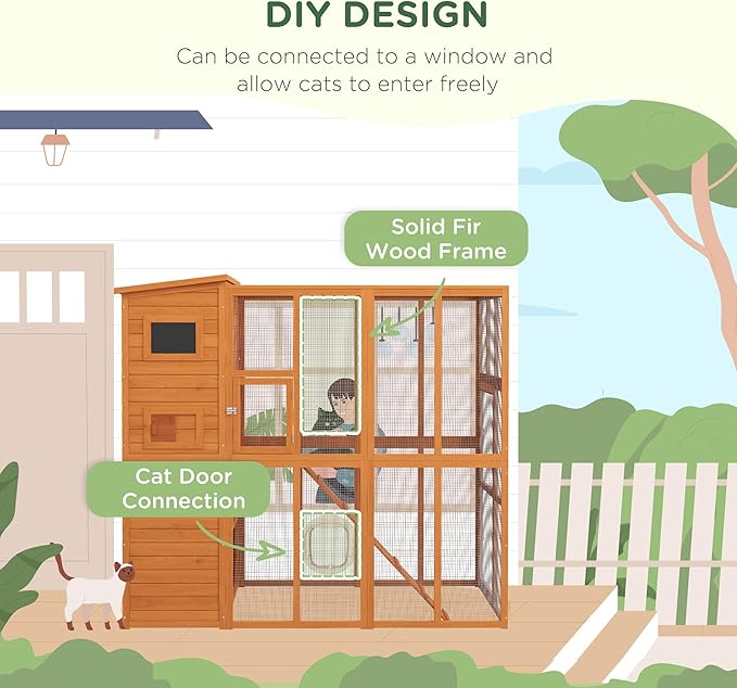 PawHut Catio Outdoor Cat Enclosure, Wooden Cat Patio with Platforms, Waterproof Asphalt Roof, Ramps, 77" L, Natural