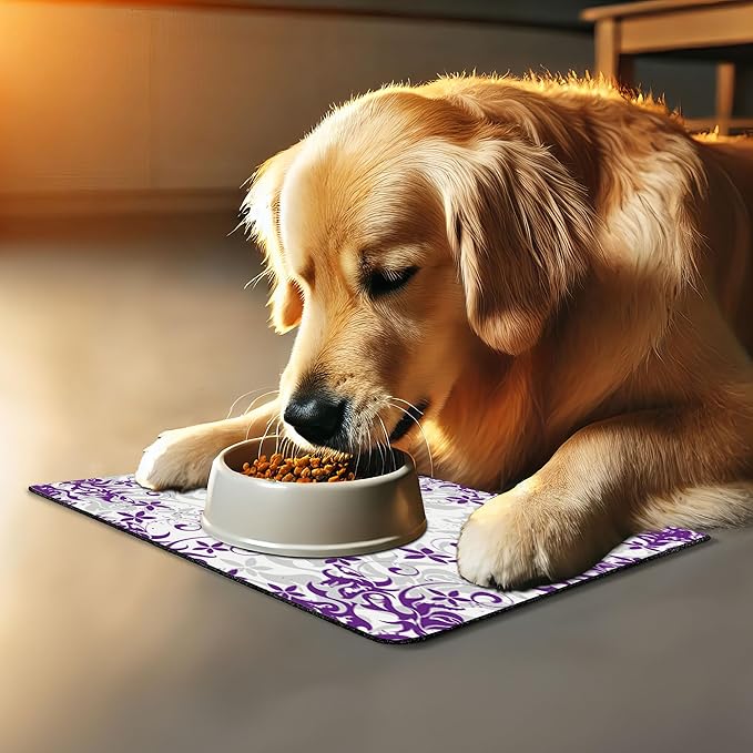 Lunarable Purple and White Pet Mat for Food and Water, Floral Blooms Grunge Violets Bouquet Violet Paintbrush Effects, Non-Slip Rubber Mat for Dogs and Cats, 18" X 12", Grey Purple