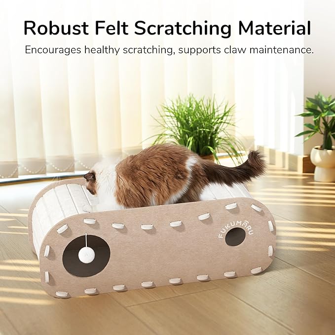 FUKUMARU Cat Beds for Indoor Pets, 31.5 Inches Extra-Large Cat Cave for Multi-Pet, Cozy House with Fluffy Ball Hanging, Scratch Resistant Felt Kitten Hideaway Bed, Feline Tunnel, Beige