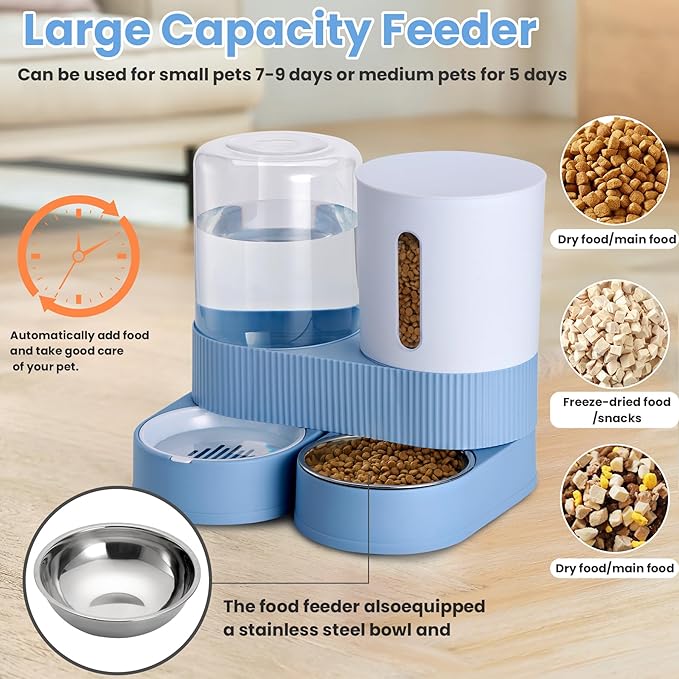 Automatic Dog Cat Water Dispenser Gravity Feeder and Water Dispenser Stainless Steel 2-in-1 Set Large Capacity Dispenser for Pets Dogs, Puppies, Kittens-Blue