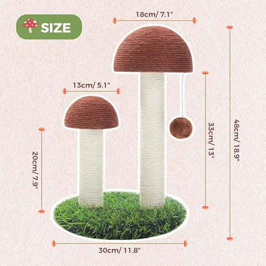 PETEPELA Cat Scratching Post, Mushroom Tall Cat Scratcher Featuring with Natural Sisal Scratching Poles and Interactive Toy Ball for Kittens and Small Cats (Brown)