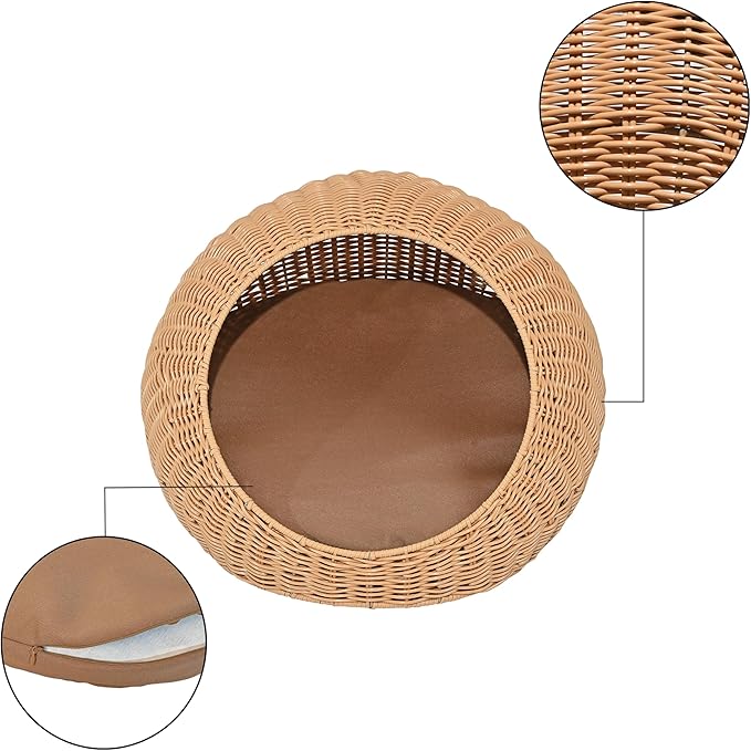CBD3000A Fiora 19.5" x 18" Modern Circular Faux Wicker Pet Bed with Machine-Washable Cushion, Cat Beds for Indoor Cats, Natural