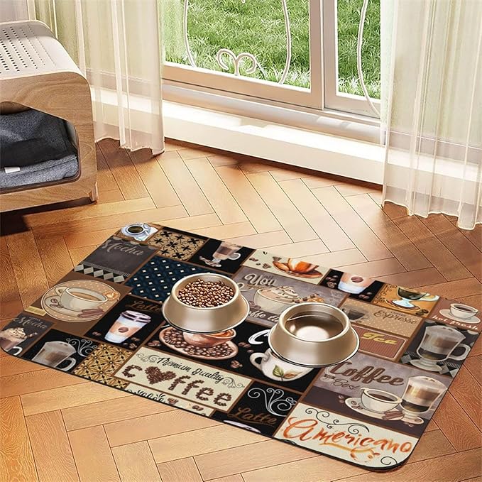Boho Coffee Dog Food Mat Absorbent Bowl Mats No Stains Quick Dry Waterproof Pet Cat Placemats for Food and Water, 30x45cm