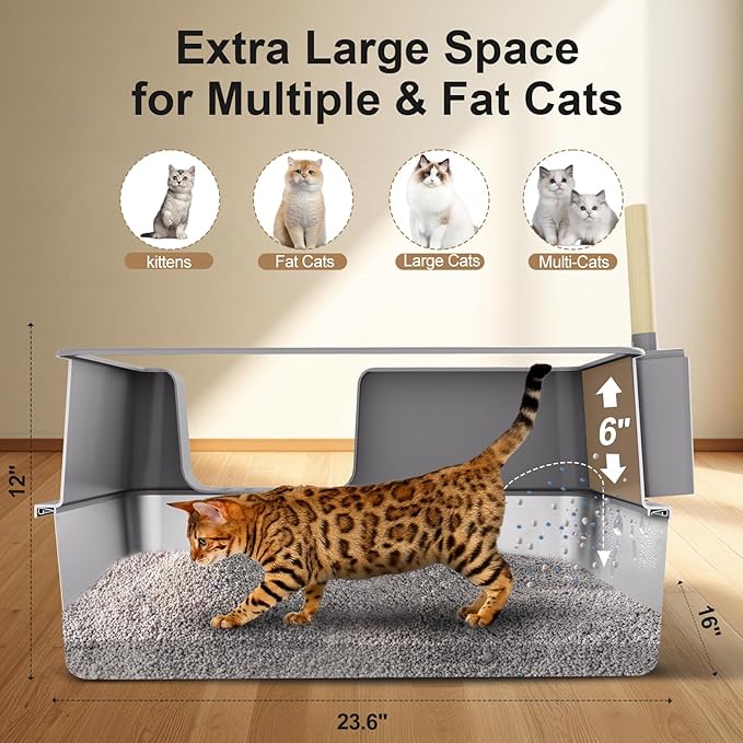 Sousia Stainless Steel Litter Box - Cat Litter Box Enclosure with Lid, High Side Large Cat Litter Tray Easy Cleaning Anti-Leakage with Litter Scoop and High Wall Sides Enclosure for Big Cats