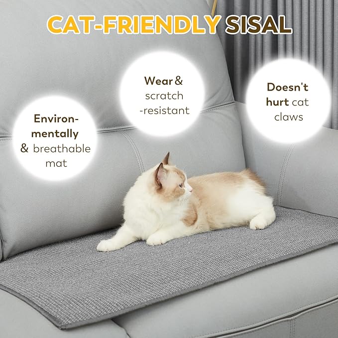 Cat Scratcher Mat 31.5" x 19.7" with Sticky Tapes, Sisal Cat Scratching Carpet for Indoor Cats, Horizontal Cat Scratcher for Cat House, Scratching Posts, and Couch Protection(Gray)