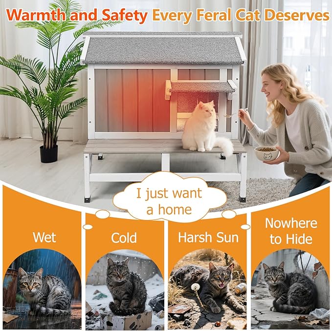 Insulated Cat House Outdoor with Balcony All-Round Insulation Weatherproof Outside Feral Cat Shelter for Winter, Wooden Pet House with Raised Base and Openable Roof for Cats & Small Animals