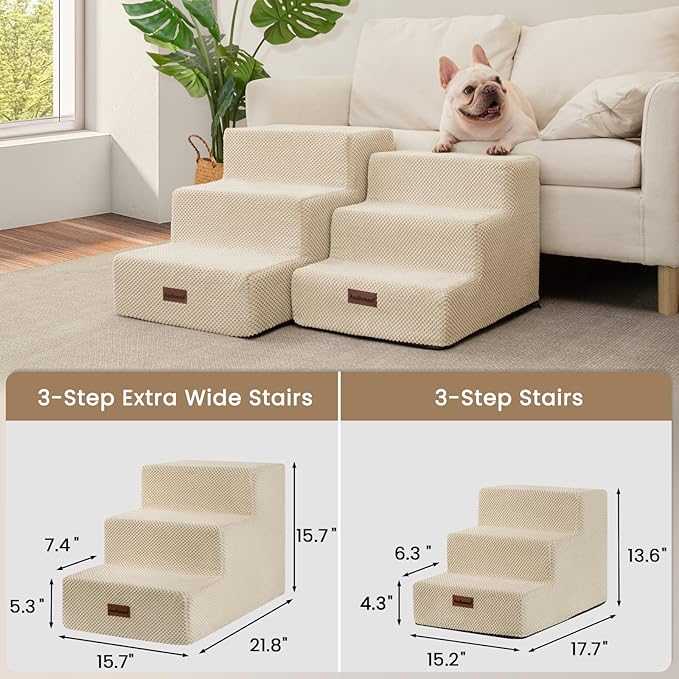 Dog Stairs for Small Dogs & Cats, 3-Step Extra Wide Non-Slip Pet Steps for Couch Sofa and Chair, Beige, 15.7" H