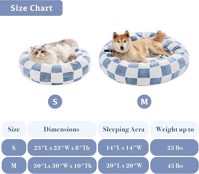 Checkered Cat Dog Bed, Cute Blue Retro Style Aesthetic Round Warming Pet Calming Beds for Small Dog and Cats, Plush Cozy Donut Beds Washable, 23" L x 23" W x 8" Th