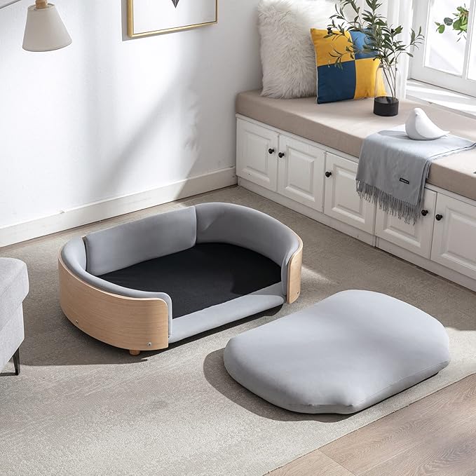 HomSof 38.58" Scandinavian Style Elevated Dog Cat Bed Pet Sofa with Solid Wood Legs and Bent Wood Back with Velvet Cushion,Large Size，Light Grey