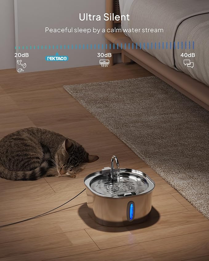 Cat Water Fountain - 3.2L/108oz Stainless Steel Pet Water Drinking Fountain for Cats Indoor, Dog Water Fountain with Water Level Window and 6 Filters + 6 Sponges