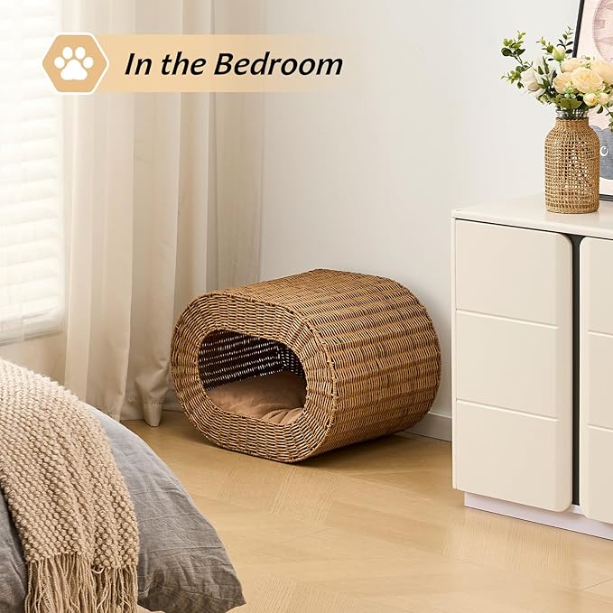 Cat House,Handwoven Cat Cave Pet Cube, Rattan Cat Beds Indoor Kitten House with Double-Sided Soft Cushions, Pet Cat House for Multiple Cats, for Living Room Bedroom