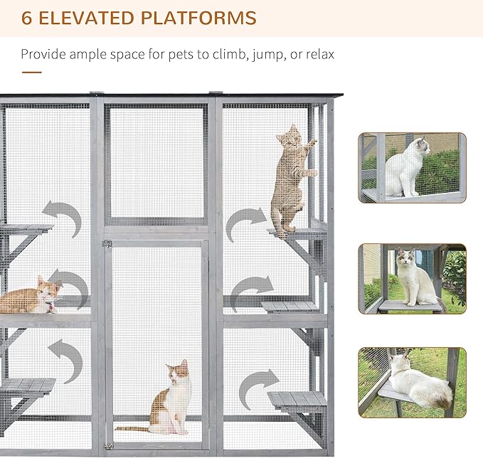 PawHut Outdoor Cat House Big Catio Wooden Feral Cat Shelter Enclosure with Large Spacious Interior, 6 High Ledges, Weather Protection Asphalt Roof, 71" L, Grey