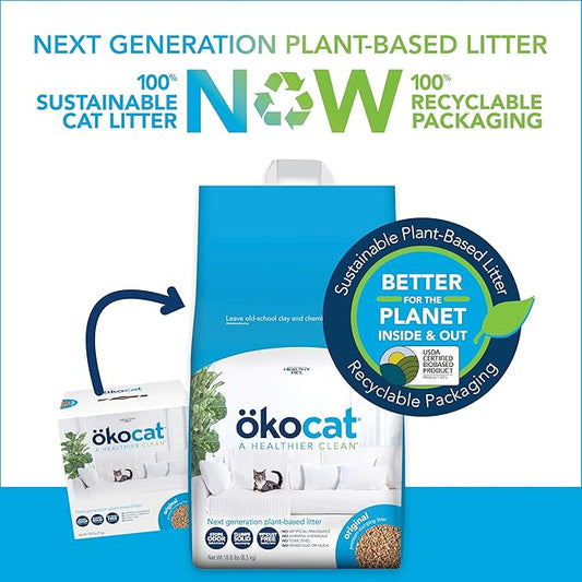 ökocat Original Wood Clumping Cat Litter, Unscented, 18.8 pounds - Natural Ingredients, Stops Odor, Clumps Solid, 99% Dust Free, Great for All Cats