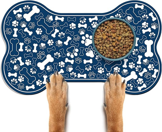 Dog & Cat Food Mat Bone Shaped Pet Feeding Mat Quick Absorb Water Bowl Placemat with Rubber Backing Indoor Floor Stain Resistant Pet Accessory Supplies (Blue, 17x29 Inches)