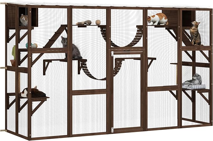 PawHut Catio Outdoor Cat Enclosure Window, Outdoor Cat House with Weather Protection Roof for Multiple Kitties, Wooden Frame, Shelves & Bridges, 118" x 37.5" x 74", Coffee Brown