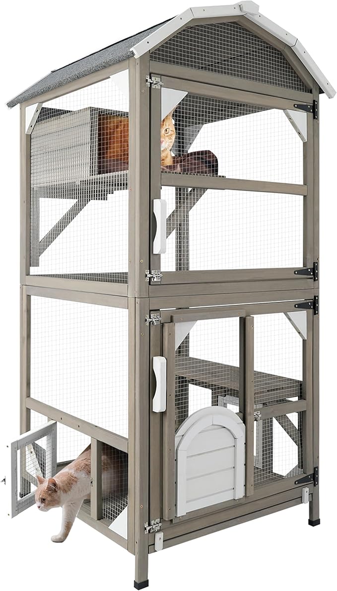 71'' Large Cat House Outdoor Catio Enclosures Indoor Kitten Cages with Attachable Window Resting Box,Waterproof Roof