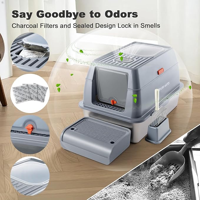 Stainless Steel Extra Large Covered Litter Box with High Sides Enclosed Lid for Big Tall Multiple Indoor Cat,Deep Metal,Jumbo Hooded,Low Entry Design for Dog Proof,Odor Control,Easy Clean,No Mess