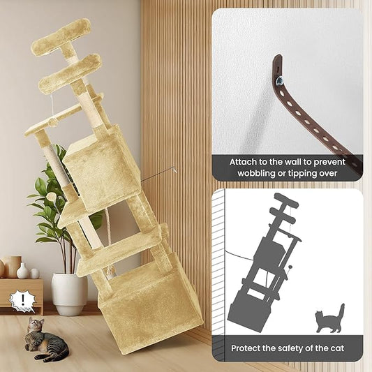 69in Large Cat Tree Tower for Indoor Cats with Soft Plush Hang Ball, Two Condos, Sisal Scratch Posts & Rope Play for Kittens/Adult Cats, Beige