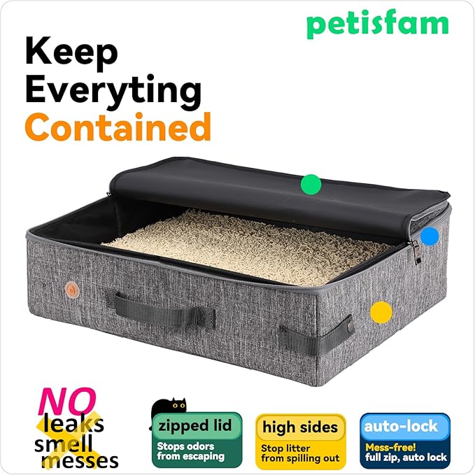 petisfam Portable Cat Travel Litter Box. Easy Use in The Car. No Leakage, Smell and Messes. One-Handed Carrying for Road Trip, Hotel Stays, Car and Airplane