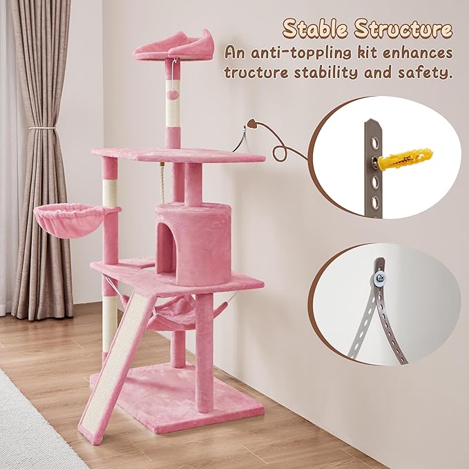 Yaheetech 63.5″ H Cat Tree, Multi Level Cat Tree Condo with Basket Hammock Scratching Post, Cat Furniture for Indoor Cats