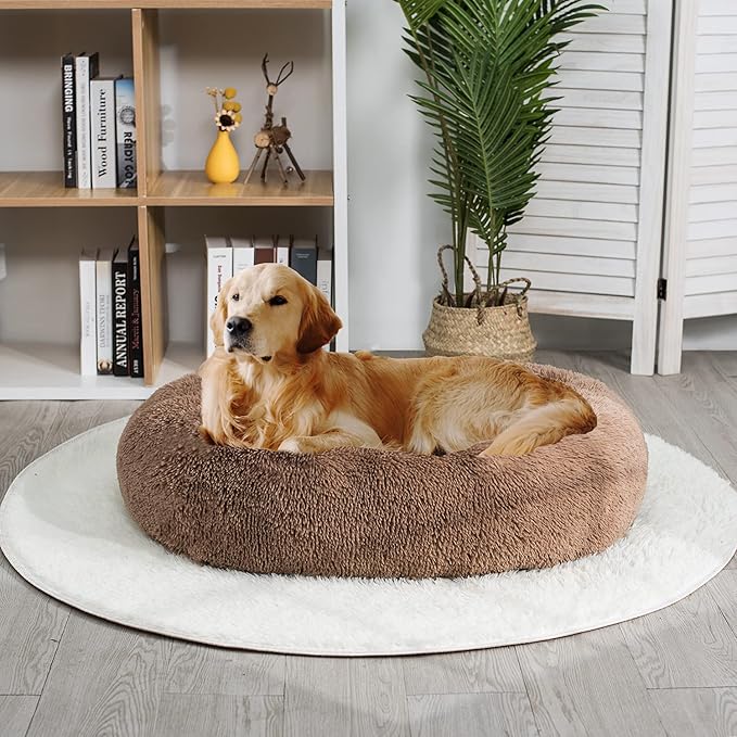 Coohom Oval Calming Donut Cuddler Dog Bed,Shag Faux Fur Cat Bed Washable Round Pillow Pet Bed(30"/36"/43") for Small Medium Dogs (XXL(43"x34"x8"), Camel)