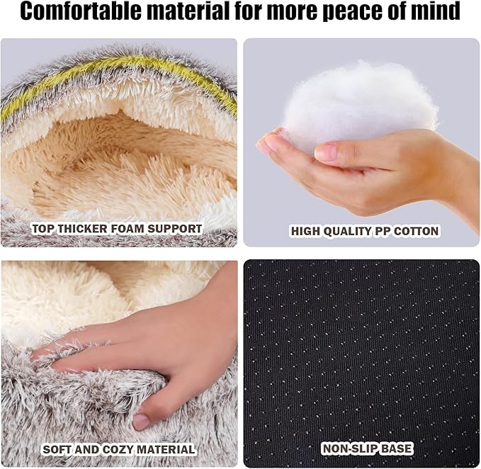 Cat Beds for Indoor Cats,Cat Cave for Puppy and Kitty,Calming Small Dog Bed for Small Dogs with Cover Cave,Cozy Warming Fluffy Washable Anti-Slip Pet Sleeping Bag(24 * 24inch,Khaki)