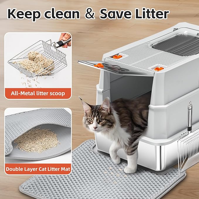 Stainless Steel Litter Box with lid,165° Flip-Top Large Enclosed Cat Litter Box with Metal Litter Scoop & Cat Litter Mat.Non-Sticky, Non-Odor, Easy Cleaning-Light Gray