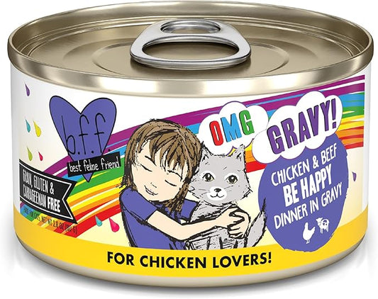 Weruva B.F.F. OMG - Best Feline Friend Oh My Gravy!, Chicken & Beef Be Happy with Chicken & Beef in Gravy, 2.8oz Can (Pack of 12)