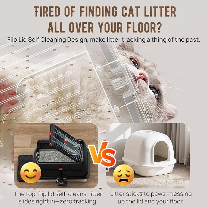 Stainless Steel Litter Box: Enclosed Cat Litter Box with Flip Lid Self Cleaning and High Sided Top Entry Design, XL Extra Large Metal Kitty Litter Pan Tray for Big Cats, Built-in Carbon Filter Pouch