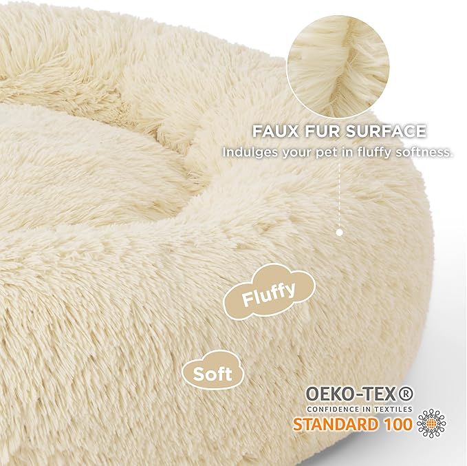 Bedsure Calming Dog Bed for Large Dogs - Donut Washable Large Pet Bed, Anti-Slip Round Fluffy Plush Faux Fur Dog Bed, Fits up to 80 lbs Pets, Cream, 36 inches