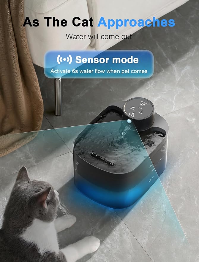 Battery Operated Cat Water Fountain, 84OZ/2.5L Wireless Pet Water Fountain for Cats Indoor, Cat Fountain with Motion Sensor, Ultra Quiet Pump, Black (Black)