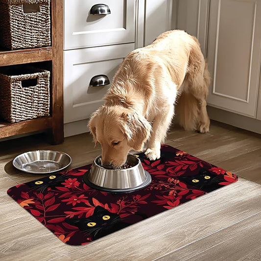 Black Cat Forest Pet Feeding Mat-Quick Dry Absorbent Dog Cat Food Mat, Anti-Slip Water Bowl Mats for Messy Eaters-No Stains Indoor Pet Accessories 12"x20"