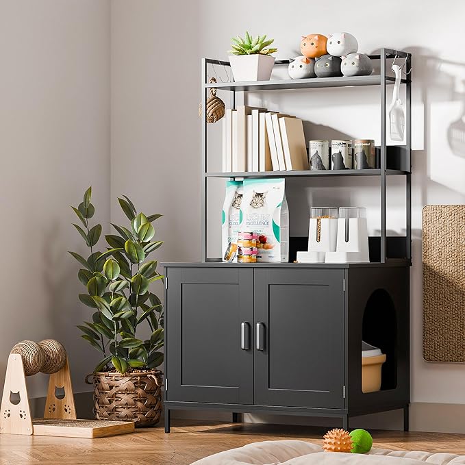 Cozy Castle Litter Box Enclosure, 57'' Cat Litter Box Furniture with Large Cabinet, Shelves and 4 S-Hooks, Hidden Cat House for Most of Litter Boxes, Wooden Pet Washroom Indoor, Black