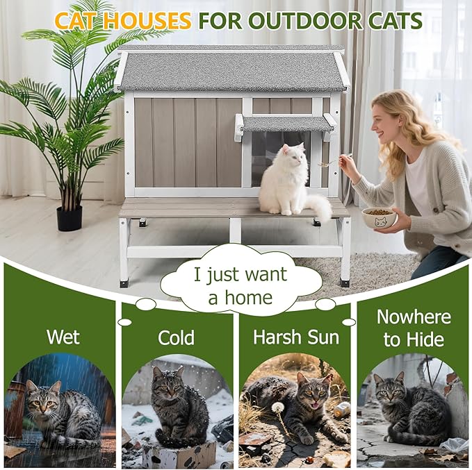 Cat Houses for Outdoor Cats with Balcony Weatherproof Outside Feral Cat Shelter, Wooden Pet House with Raised Base and Openable Asphalt Roof for Cats and Small Animals