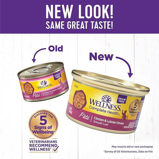 Wellness Complete Health Pate Adult Wet Cat Food, Natural, Protein-Rich, Grain Free, 3 Ounce, 24 Pack, (Chicken & Lobster)
