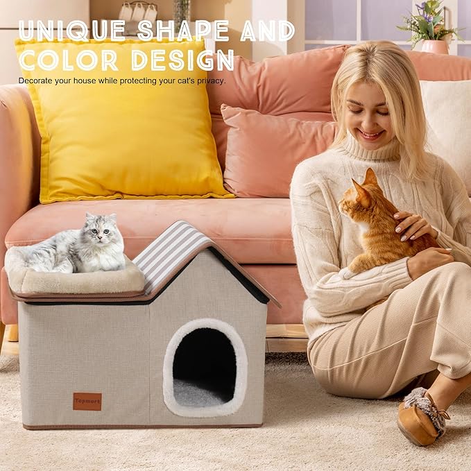 Topmart Cat House with Cat Bed, Large Indoor Condo, 2-in-1 Pet Bed for Kitten and Small Cat, Beige, Grey
