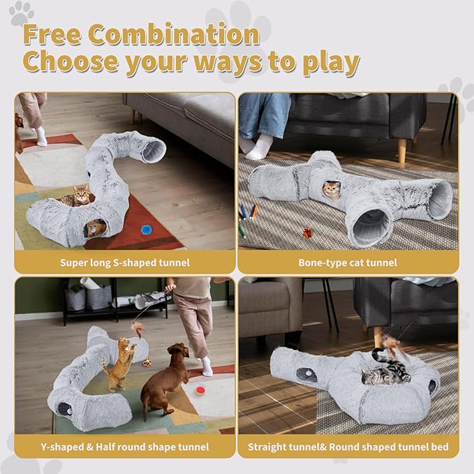 Odoland 5 Shapes Cat Tunnels with Fluffy Bed - Indoor Cats Cave Tunnels with 20 Pet Toys, DIY Kittens Donut Tunnel and Variety Kitten Toy Set for Puppy Rabbit